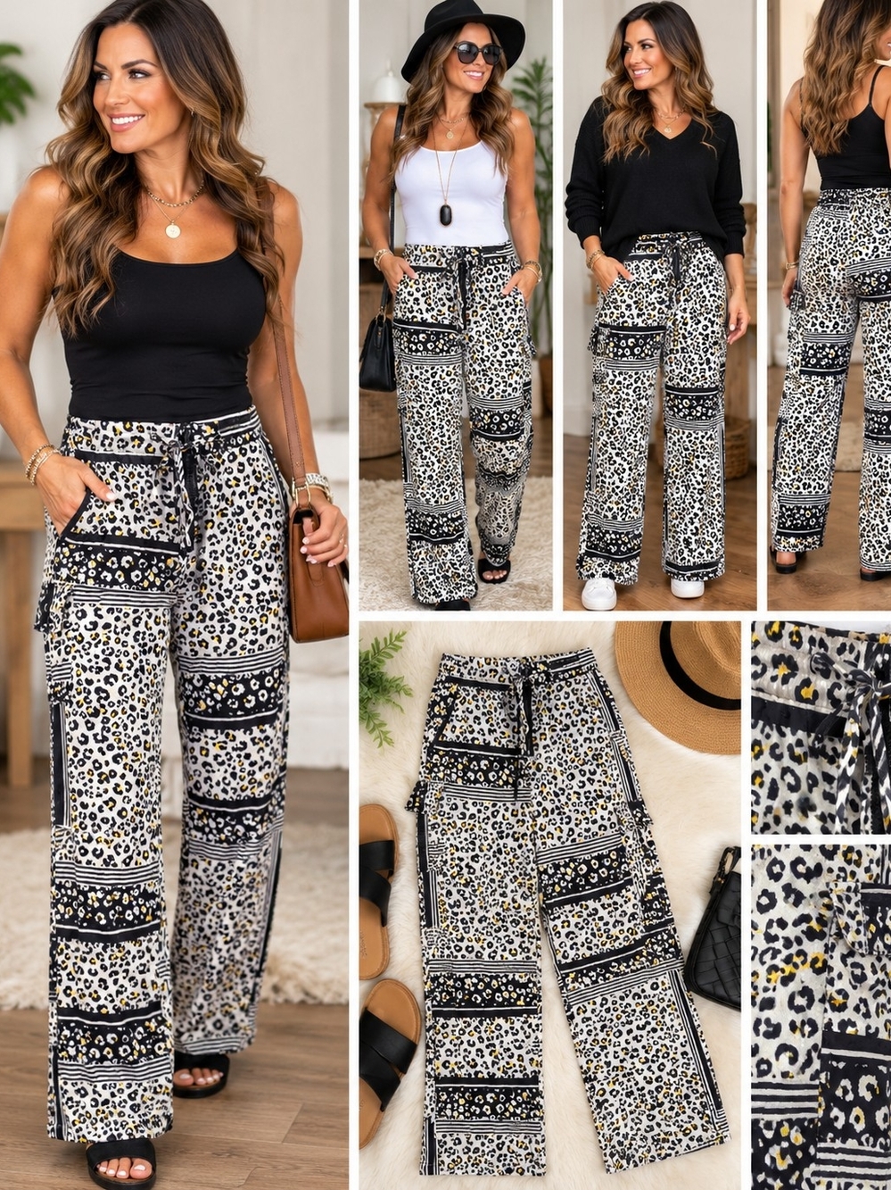 Mags & Pye Size M Leopard Print Wide Leg Drawstring Pants (105)